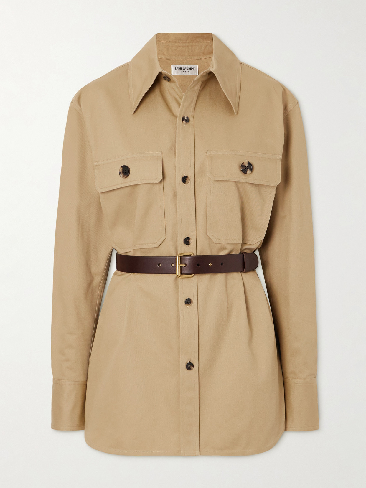 Shop Saint Laurent Belted Cotton-twill Shirt In Neutrals