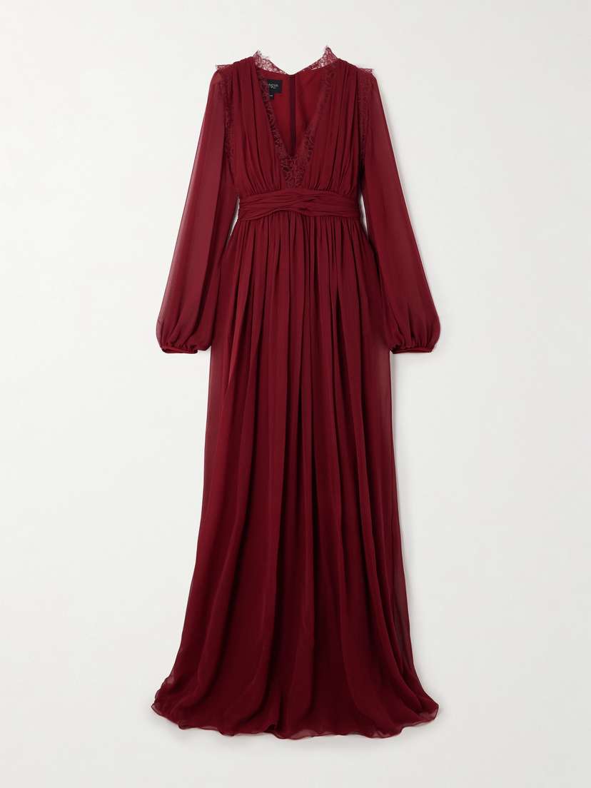 Giambattista Valli Pleated Lace-trimmed Silk-georgette Gown