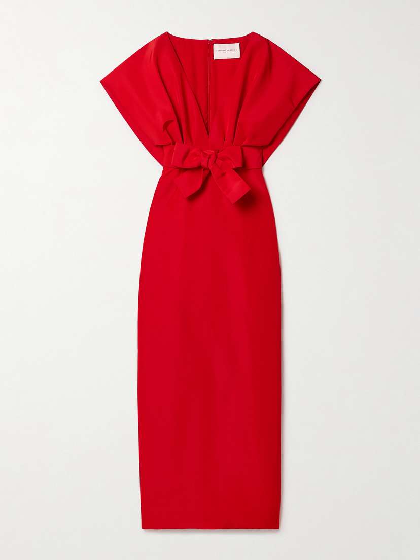Carolina Herrera Belted Bow-embellished Pleated Silk-faille Gown