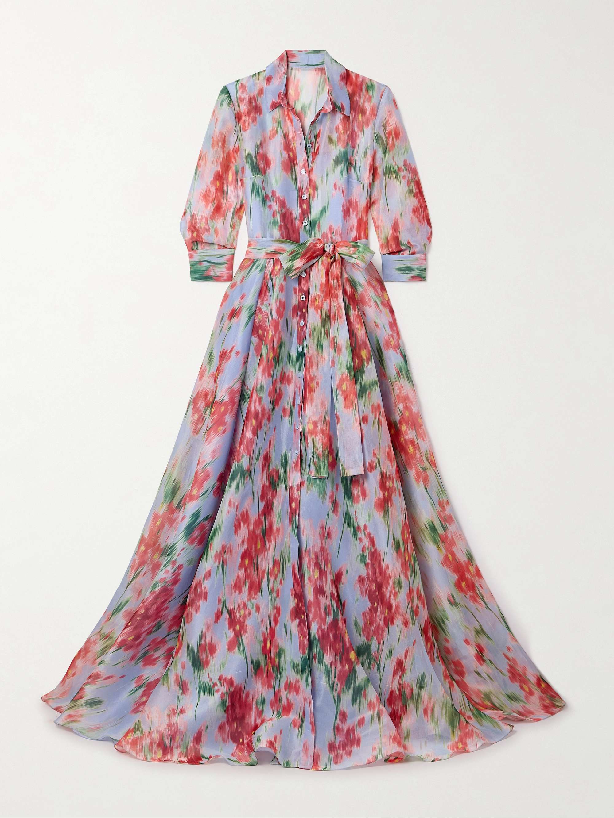 Belted floral print silk organza gown