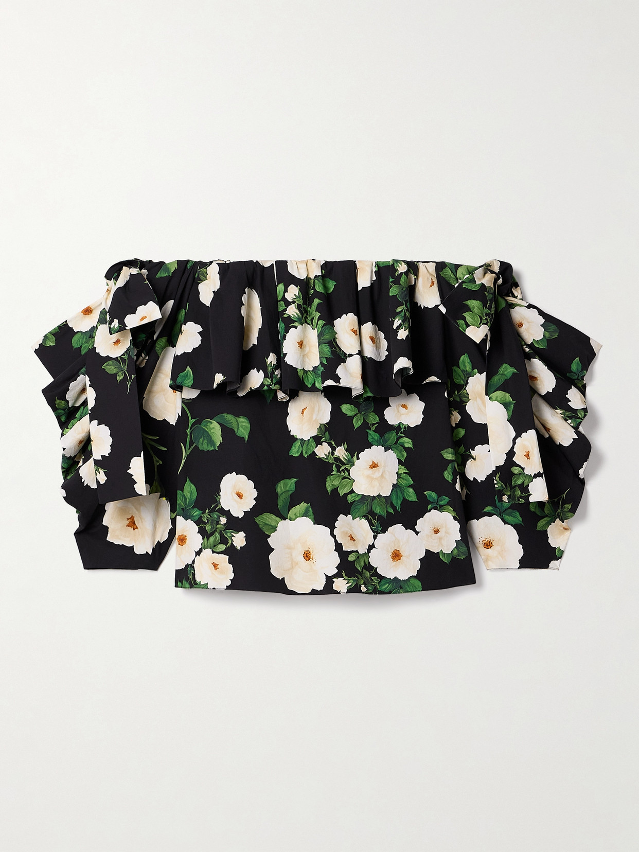 Carolina Herrera Off-the-shoulder Ruffled Floral-print Silk-voile Top In Black