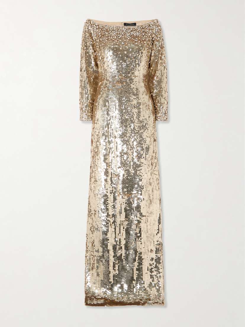 Jenny Packham Ballroom Blitz Off-the-shoulder Crystal-embellished Sequined Satin Gown - UK 18