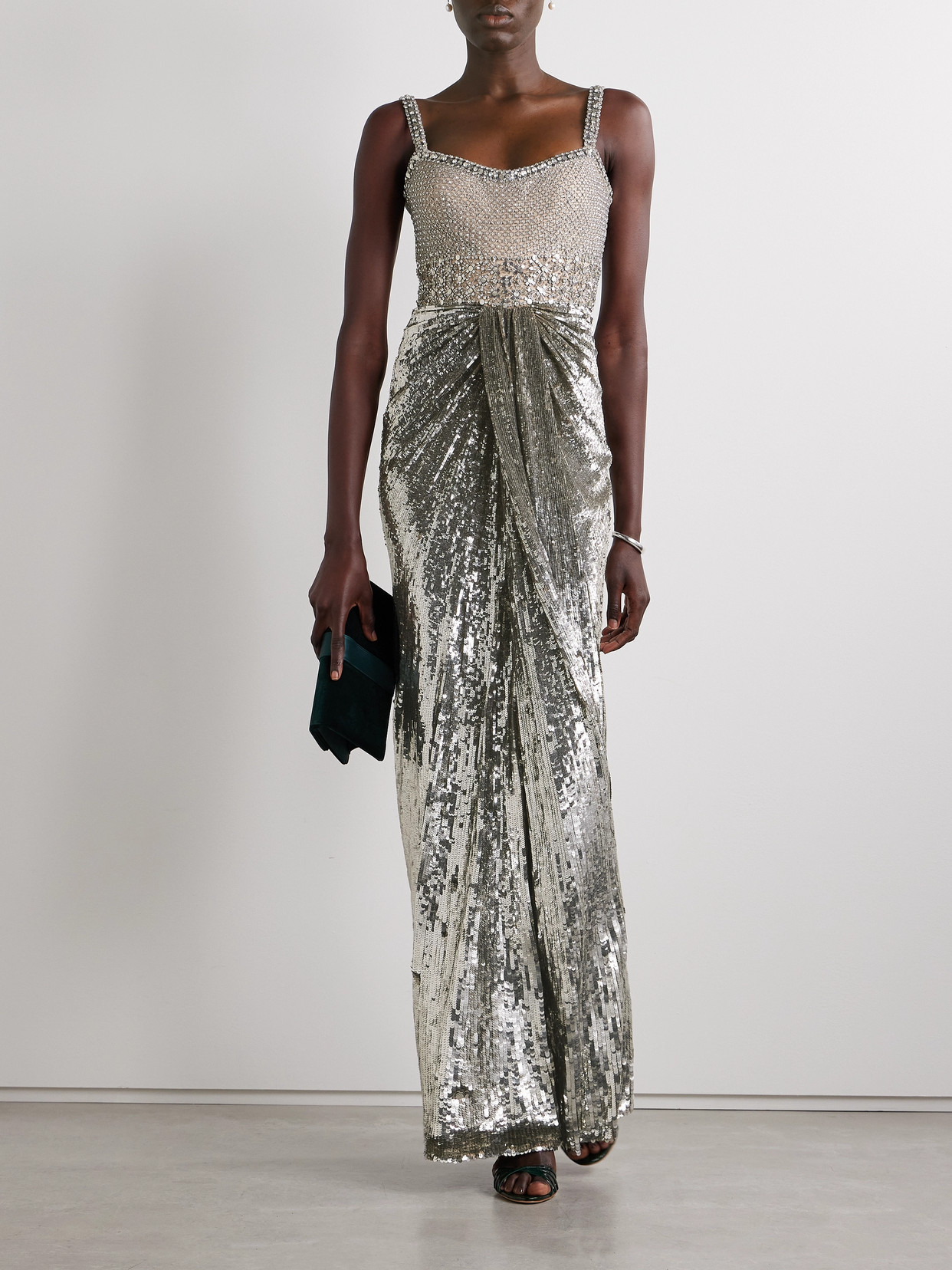 Jenny Packham Only You Draped Embellished Tulle Gown In Silver