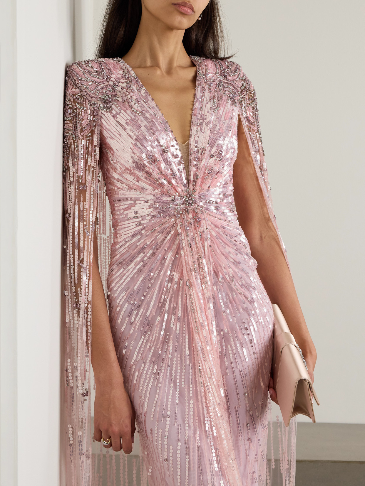 Jenny Packham Exclusive Embellished Cape-detail Gown In Pink