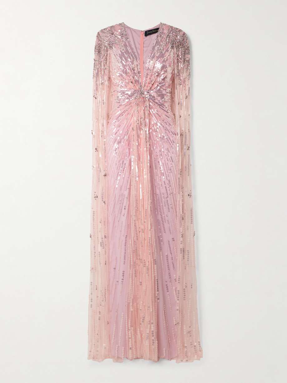 gold rush embellished cape-effect tulle gown