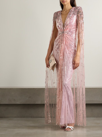 Jenny Packham Gold Rush embellished cape-effect tulle gown