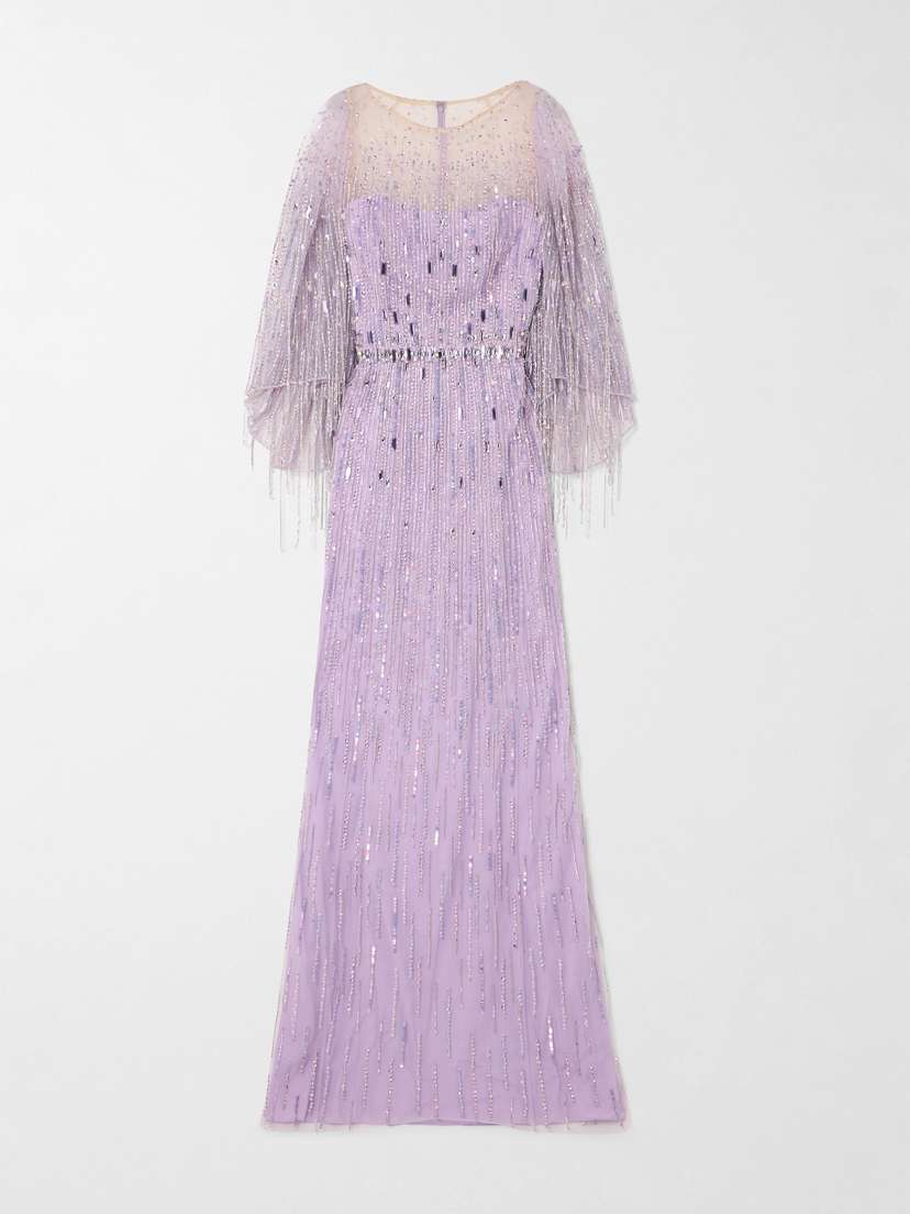 Jenny Packham Rhapsody Fringed Embellished Sequined Tulle Gown - UK 18