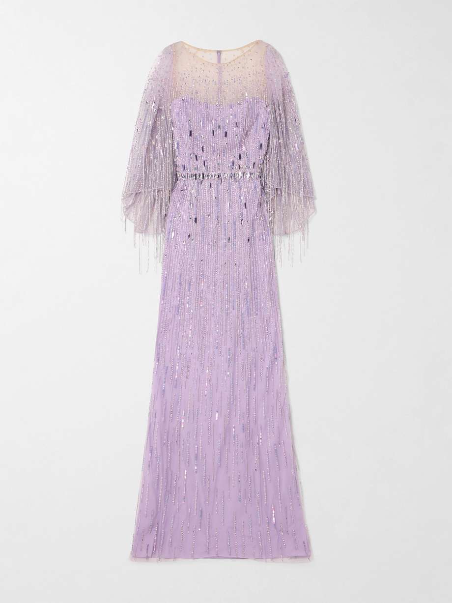 rhapsody fringed embellished sequined tulle gown