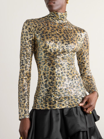 AZ Factory Romy sequin-embellished leopard-print mesh turleneck top