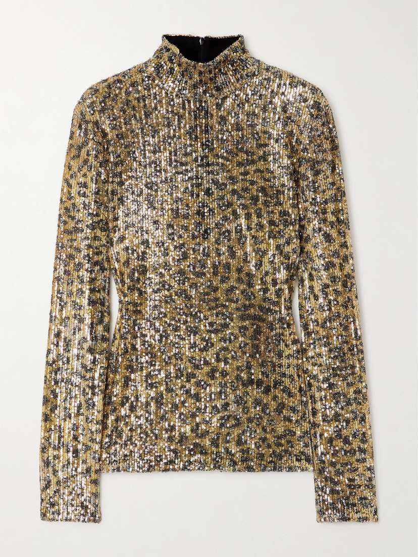 AZ Factory Romy Sequin-embellished Leopard-print Mesh Turleneck Top