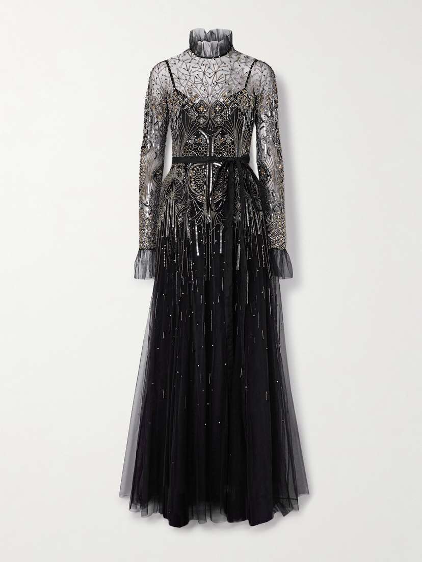 Zuhair Murad Belted Embellished Tulle Turtleneck Gown
