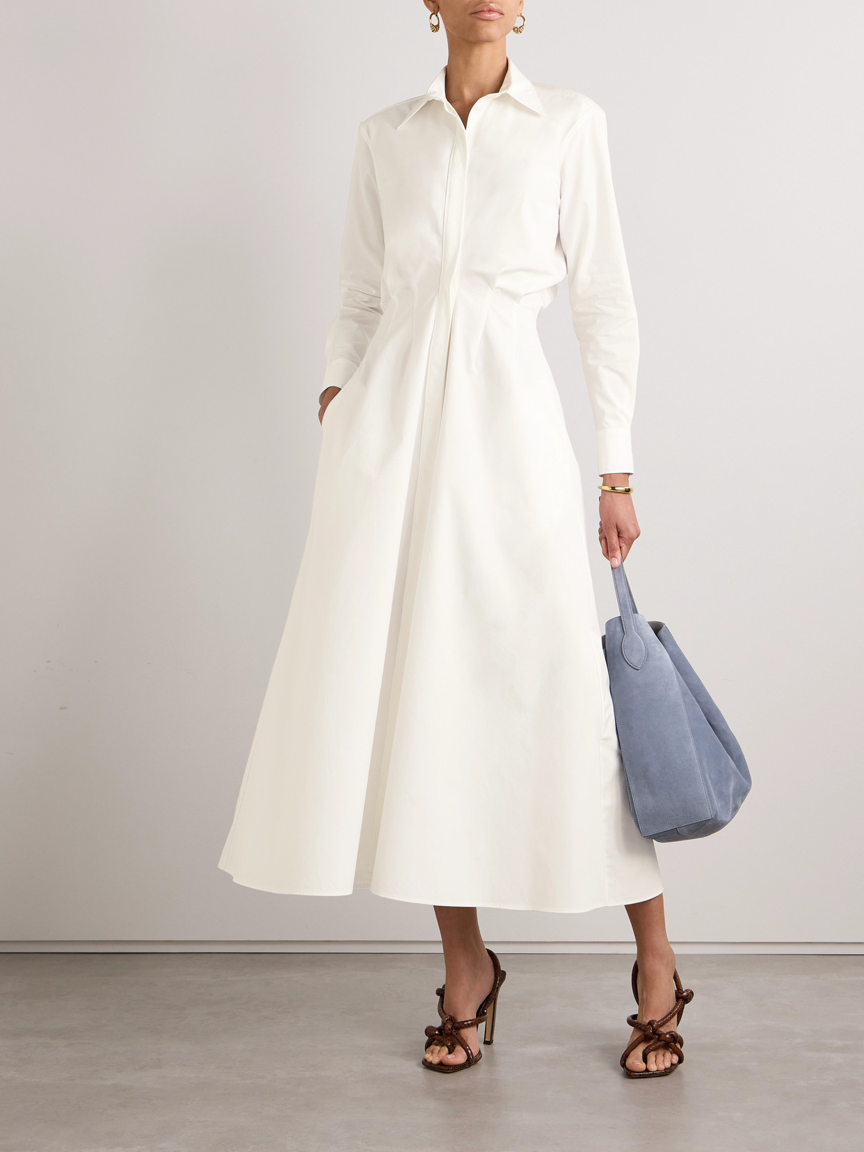 Brandon Maxwell The Celeste Ruched Cotton-poplin Maxi Shirt Dress In White