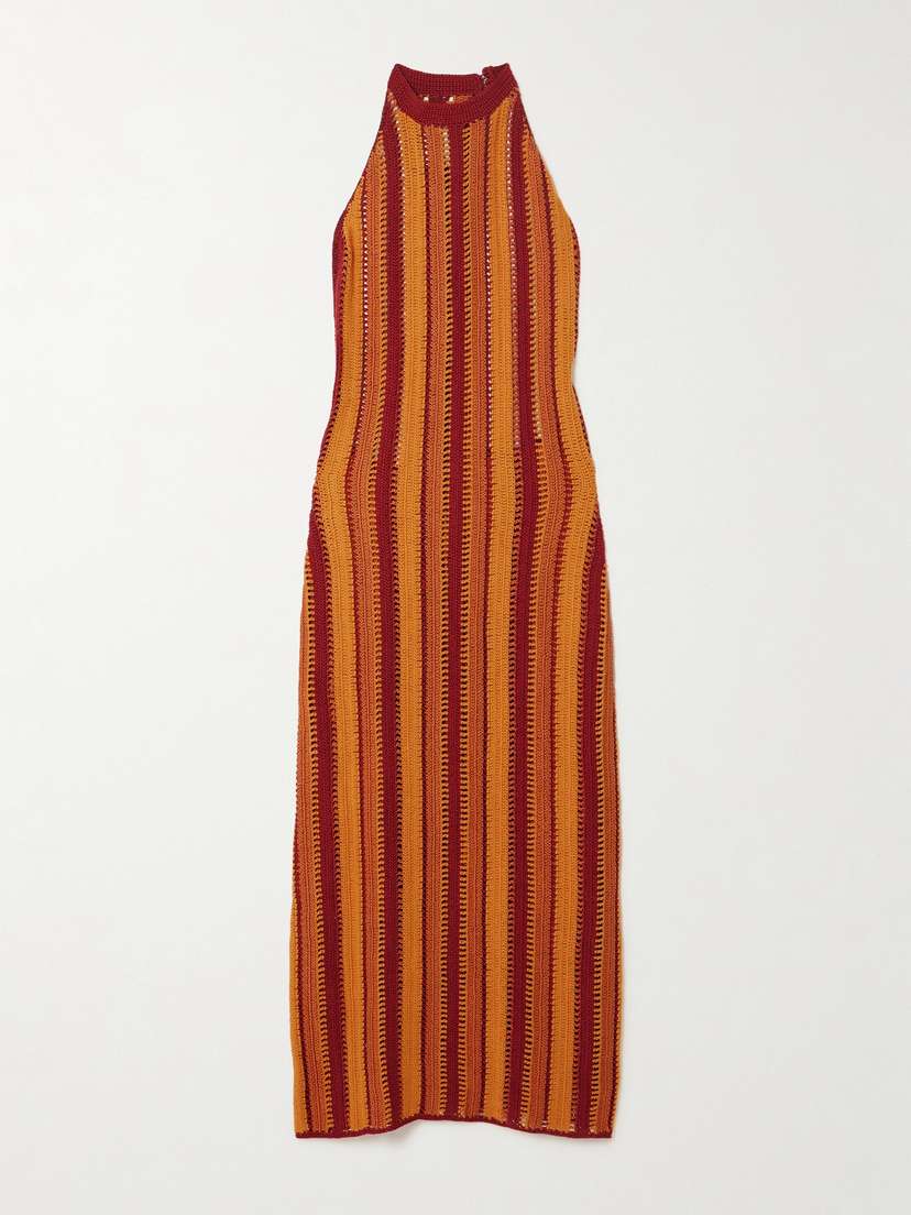 ESCVDO Striped Crocheted Cotton Midi Dress