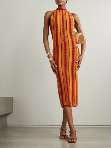 ESCVDO Striped crocheted cotton midi dress