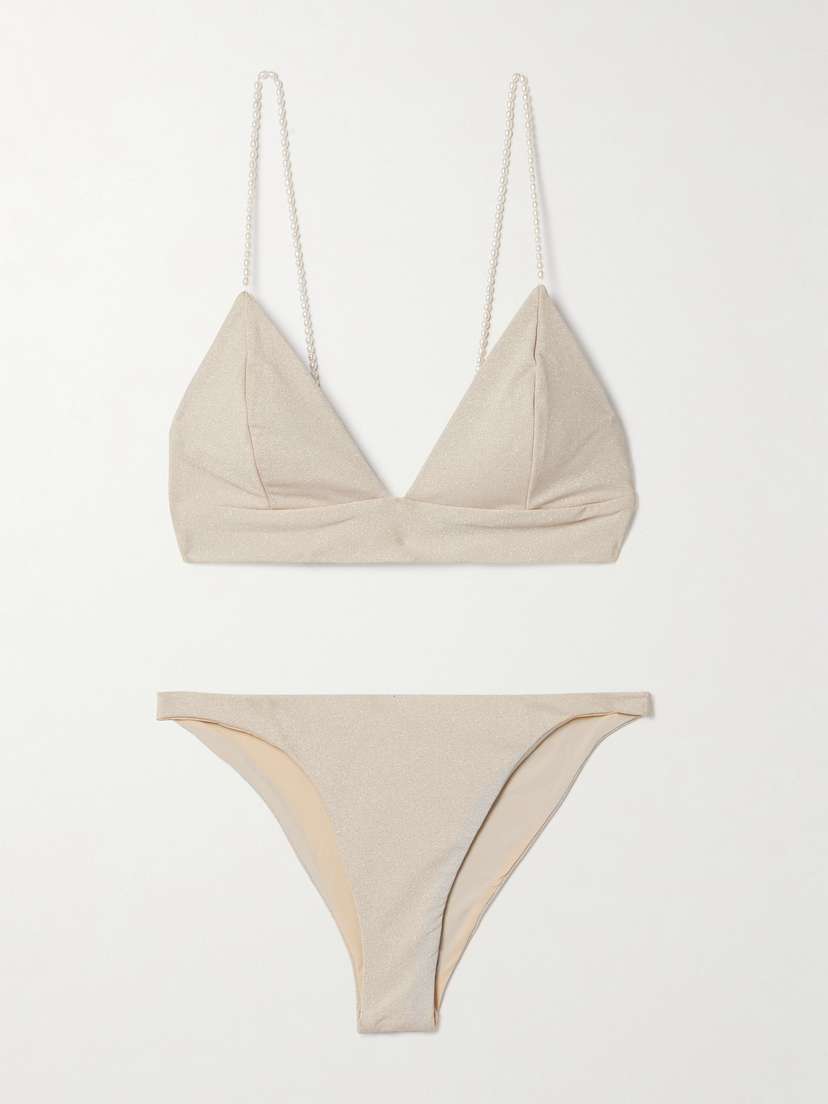SARA CRISTINA Pearl-embellished Metallic Triangle Bikini