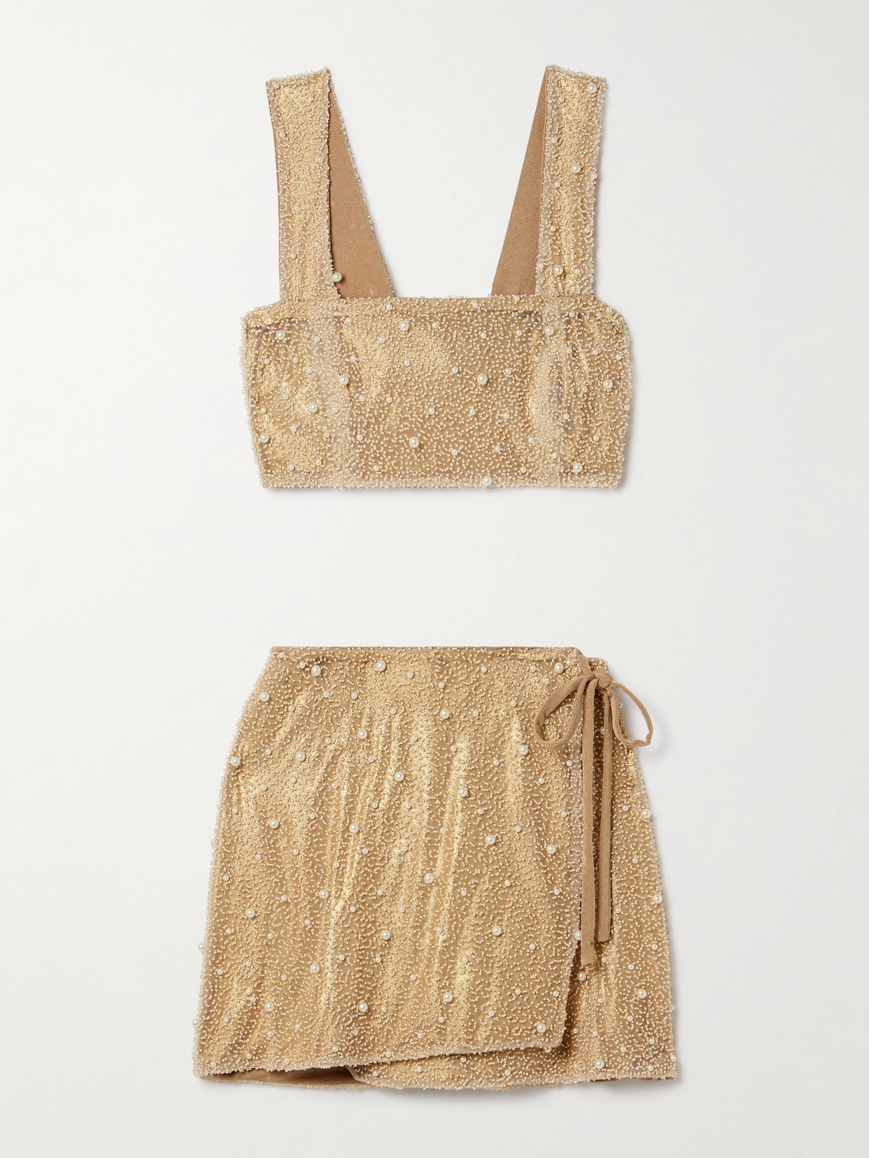 Sara Cristina Marea Embellished Tulle And Stretch-jersey Top And Mini Skirt Set In Gold