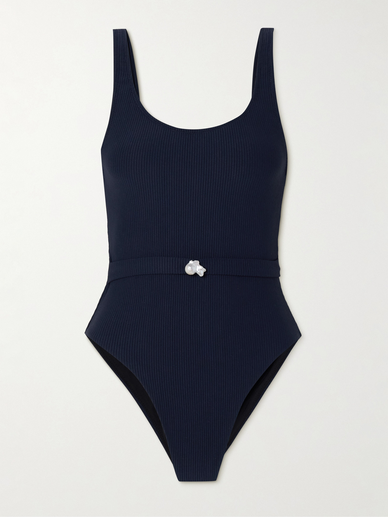 Sara Cristina Olympic Pearl-embellished Ribbed Swimsuit In Blue