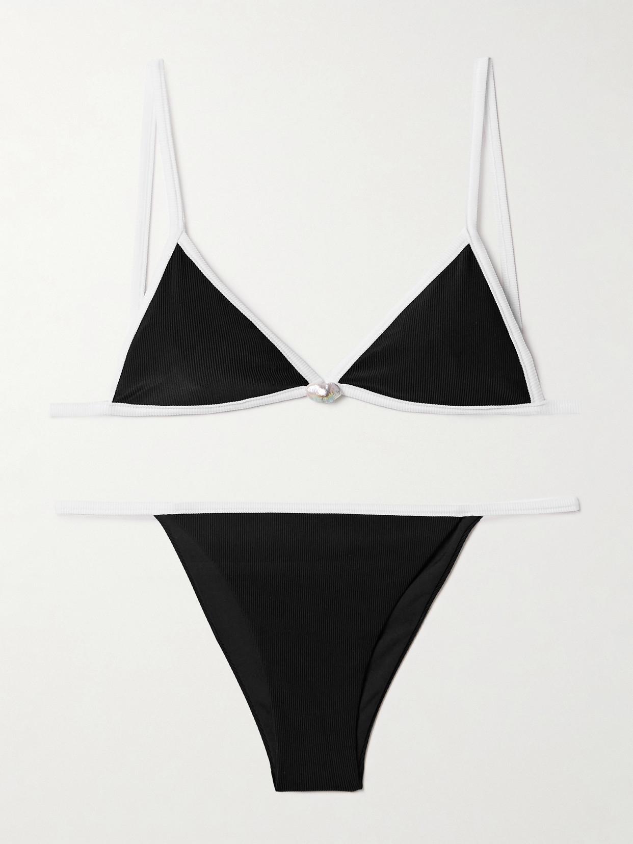 Sara Cristina Salt Pearl-embellished Ribbed Triangle Bikini In Black