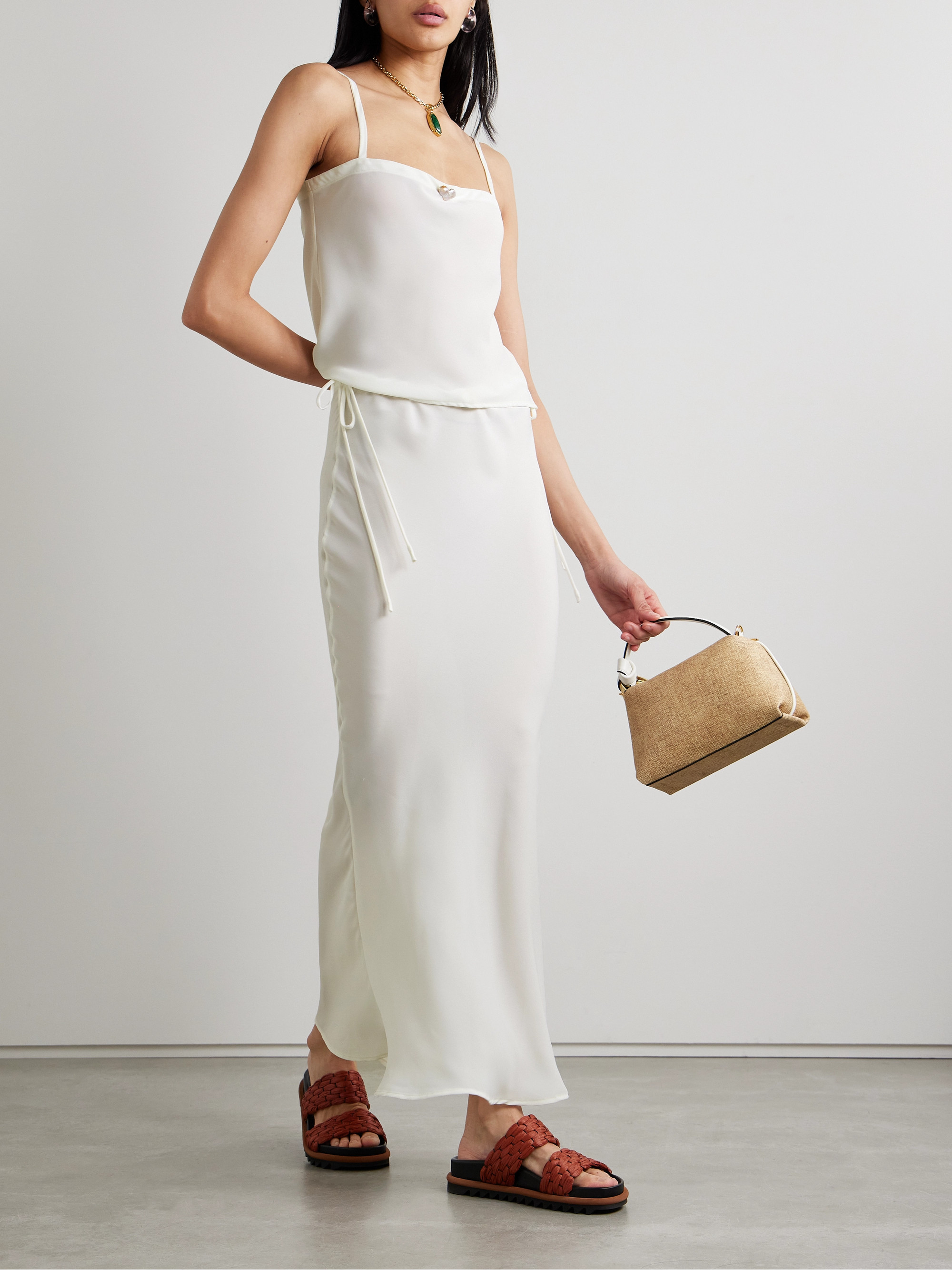 SARA CRISTINA Ola pearl-embellished recycled crepe de chine midi skirt