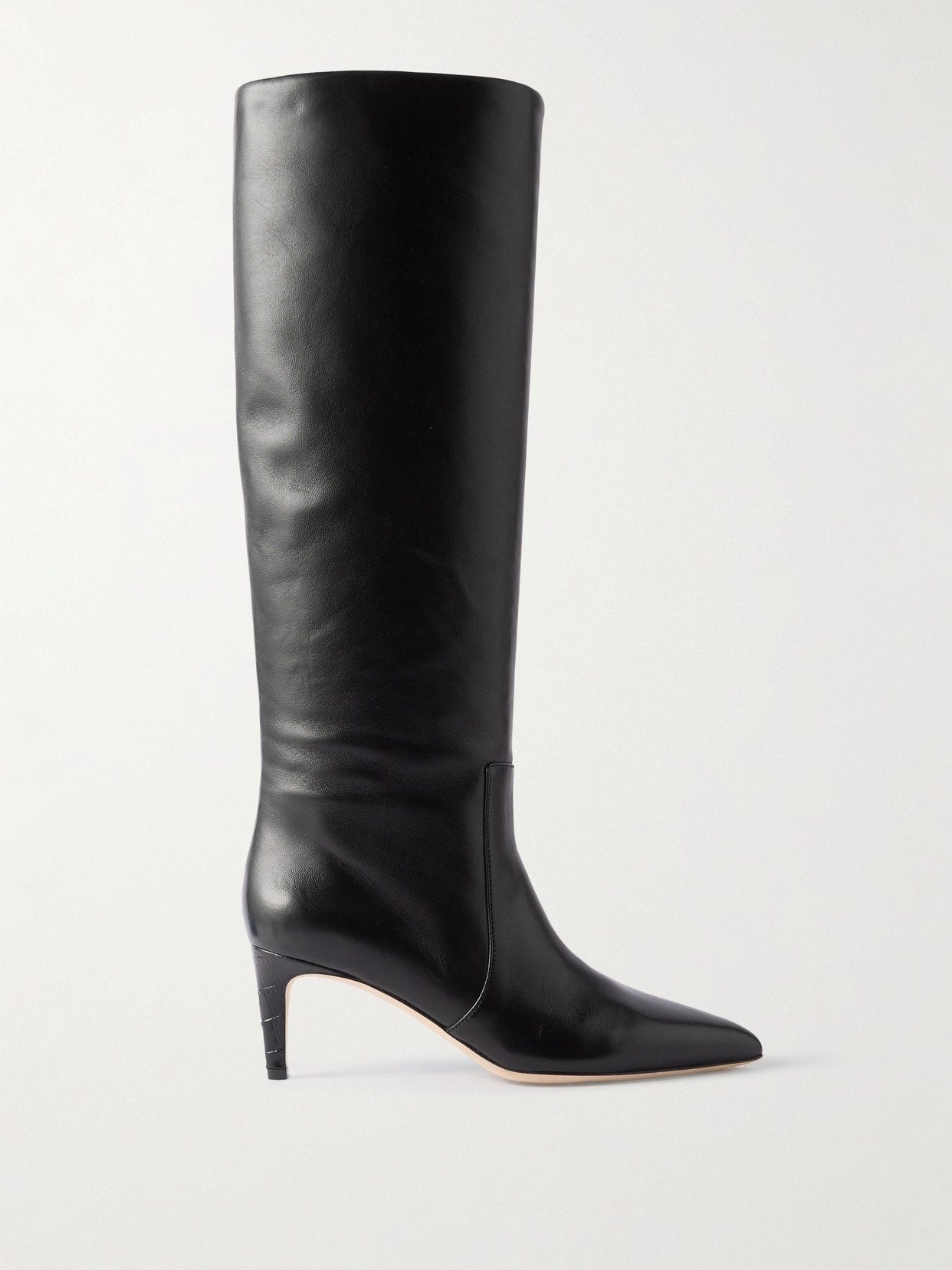 Paris Texas Stiletto Croc-effect Trimmed Leather Knee Boots In Black