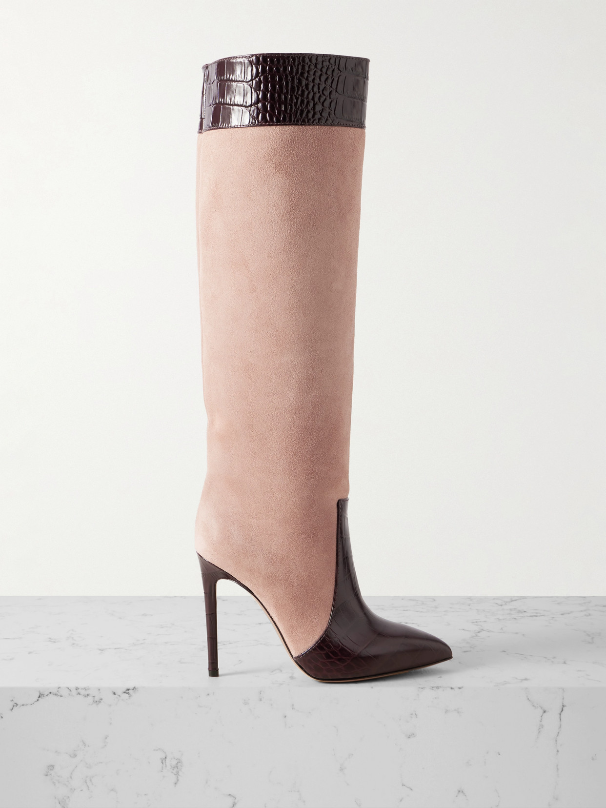 Paris Texas - Croc-effect Leather-trimmed Suede Knee-high Boots - Pink