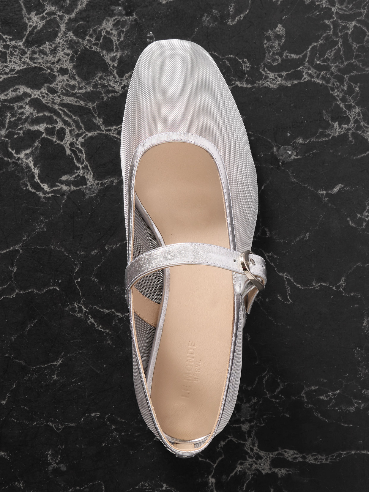 Shop Le Monde Beryl Metallic Leather-trimmed Mesh Mary Jane Ballet Flats In Silver