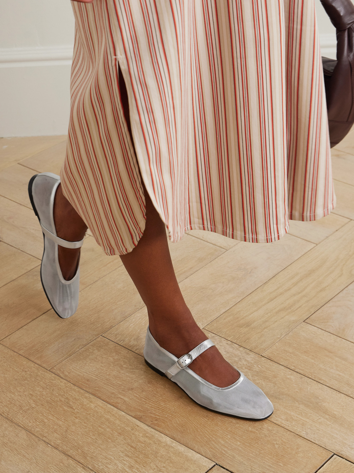 LE MONDE BERYL METALLIC LEATHER-TRIMMED MESH MARY JANE BALLET FLATS