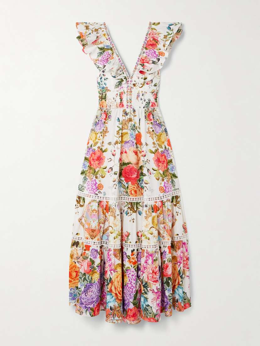 Camilla Crystal-embellished Tiered Ruffled Floral-print Organic Cotton-voile Maxi Dress - x large