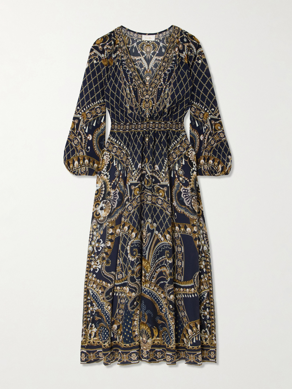 Camilla - Crystal-embellished Gathered Printed Silk-georgette Dress - Blue