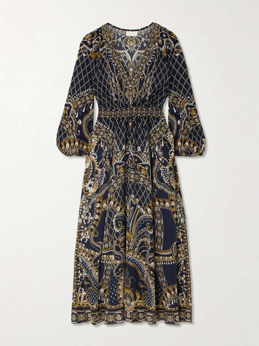 Camilla Crystal-embellished Gathered Printed Silk-georgette Dress
