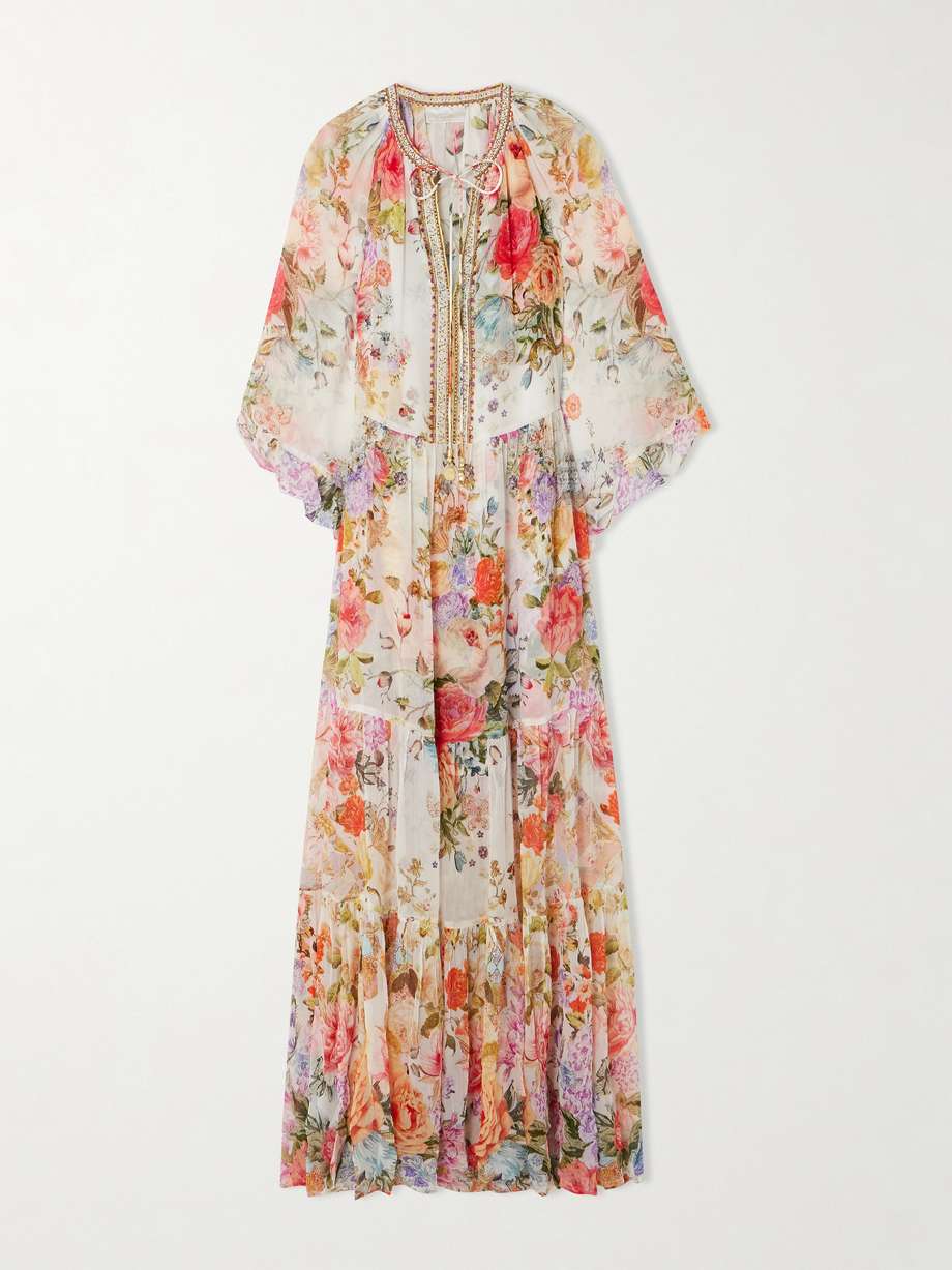 crystal-embellished tiered ruffled floral-print silk-crepon maxi dress