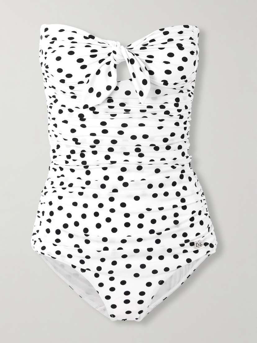 Dolce & Gabbana Strapless Tie-front Ruched Polka-dot Swimsuit