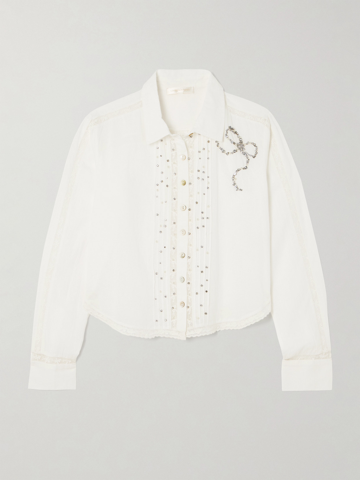 Loveshackfancy Rosaway Cropped Embellished Lace-trimmed Cotton-voile Shirt In White