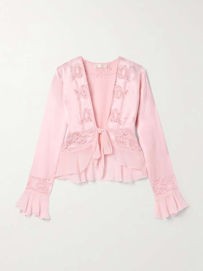 LoveShackFancy Vivetta Embellished Lace And Chiffon-trimmed Silk-charmeuse Top