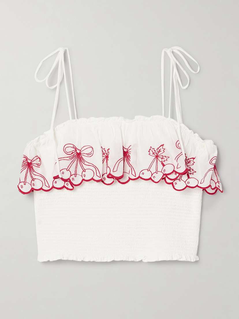 LoveShackFancy Carletta Cropped Embroidered Shirred Cotton-voile Top