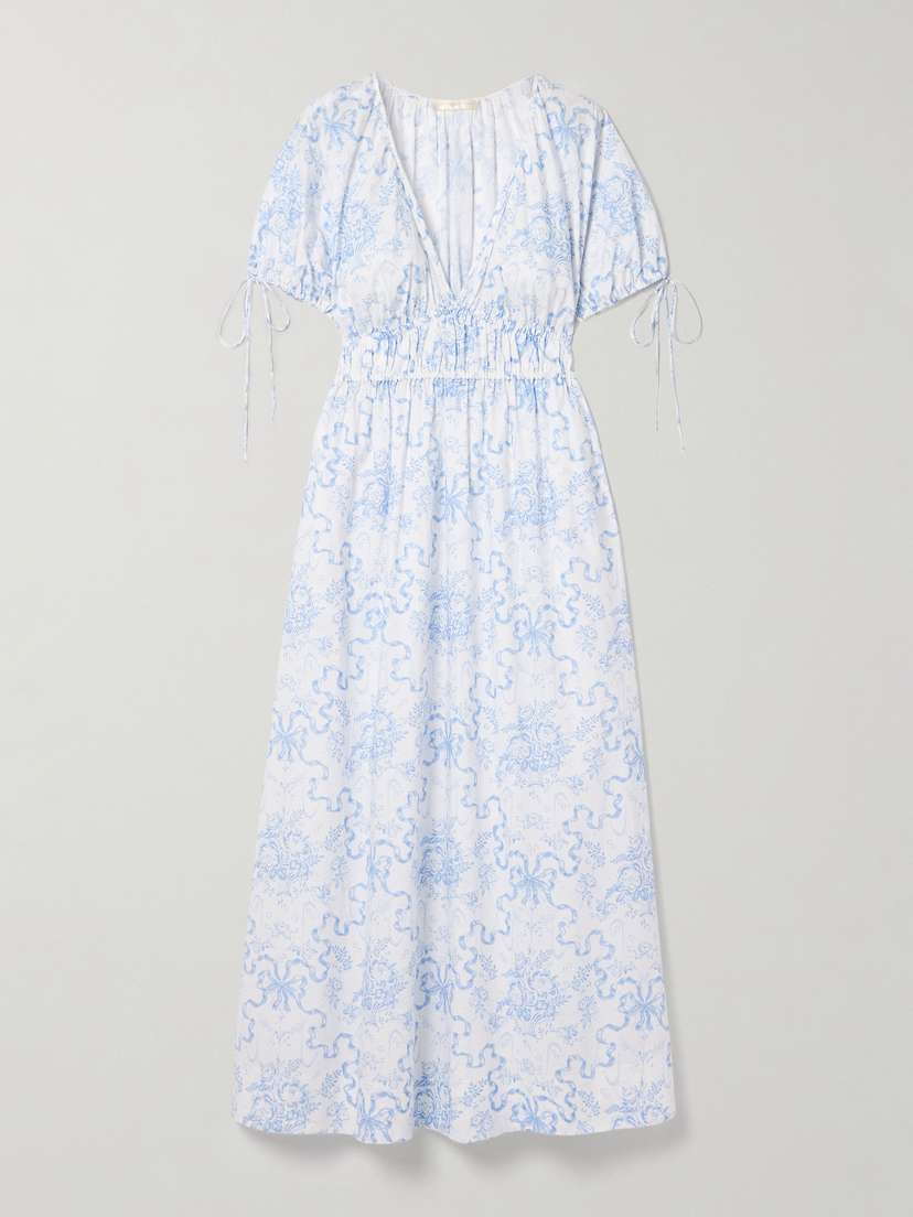 LoveShackFancy Mastey Shirred Printed Cotton Midi Dress - xx small