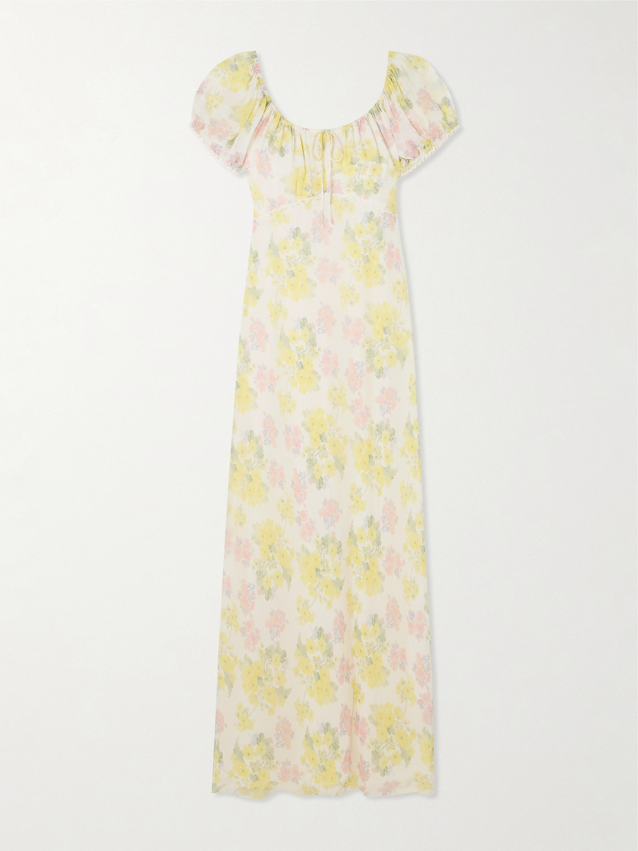 Loveshackfancy Kelila Tie-detailed Lace-trimmed Floral-print Georgette Maxi Dress In Yellow