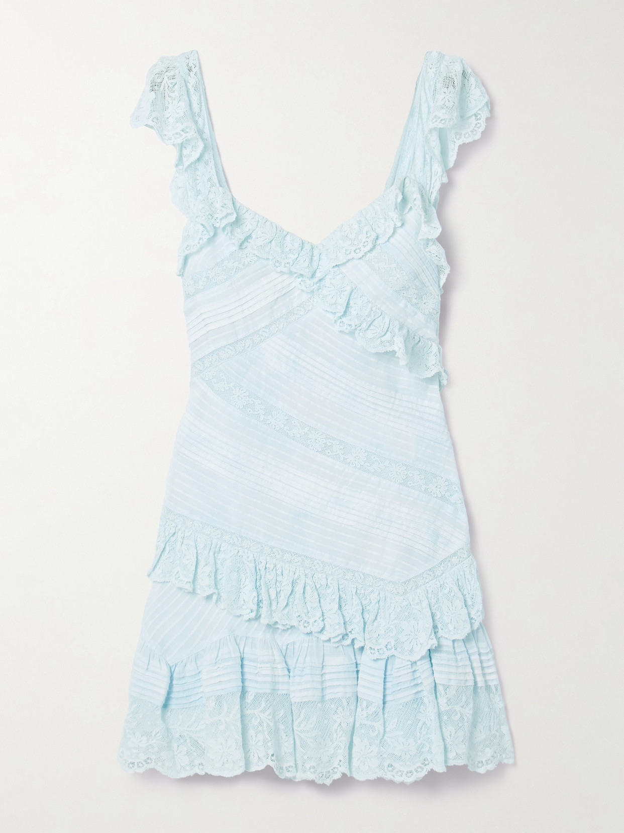 Loveshackfancy Bensley Lace-trimmed Pintucked Ruffled Cotton-voile Mini Dress In Blue