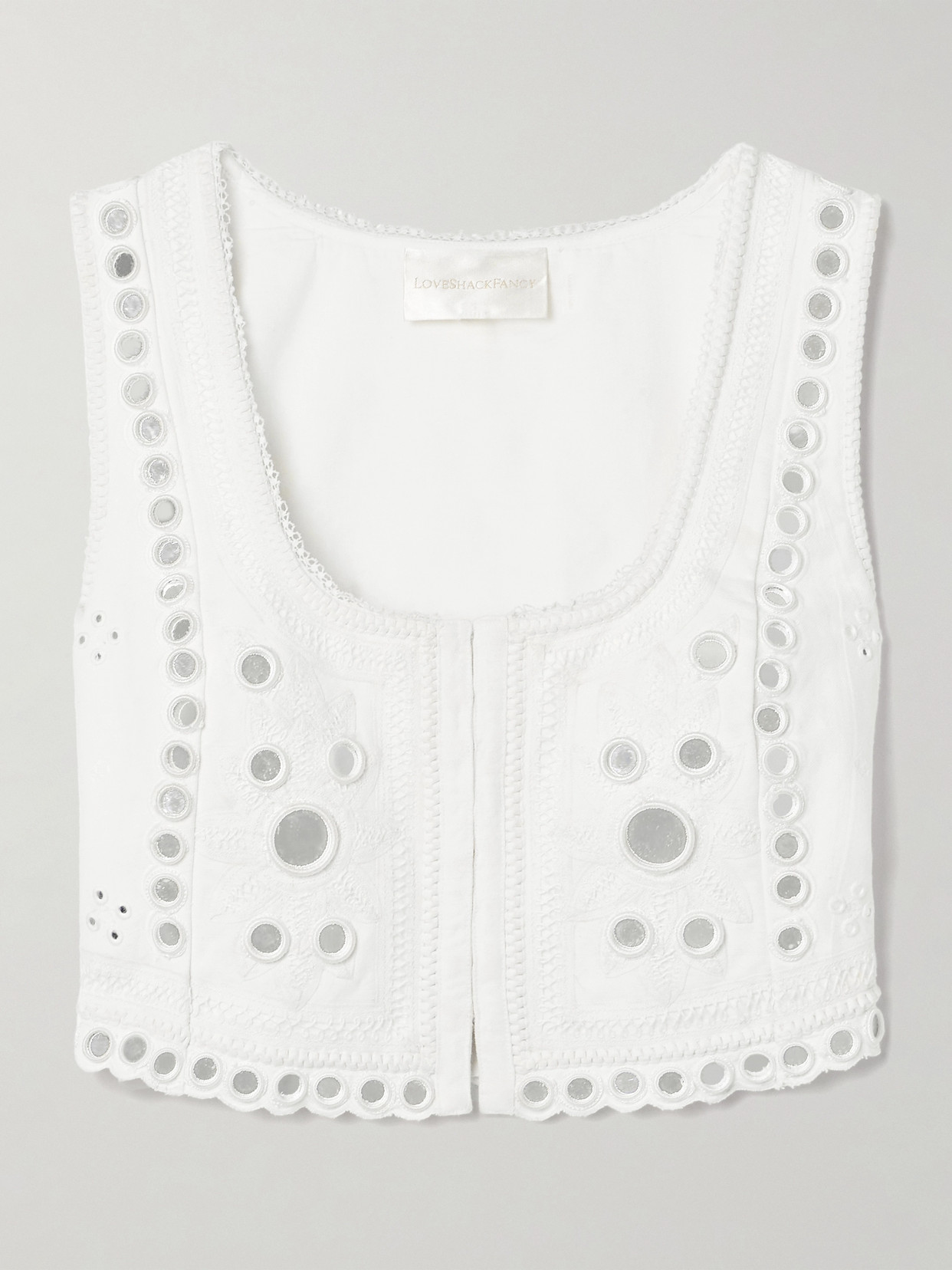 Loveshackfancy Cayman Cropped Paillette-embellished Embroidered Linen Top In White