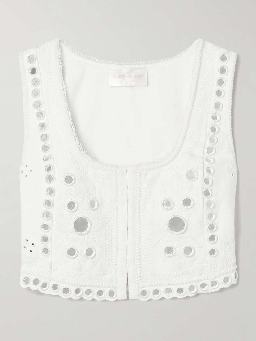LoveShackFancy Cayman Cropped Paillette-embellished Embroidered Linen Top