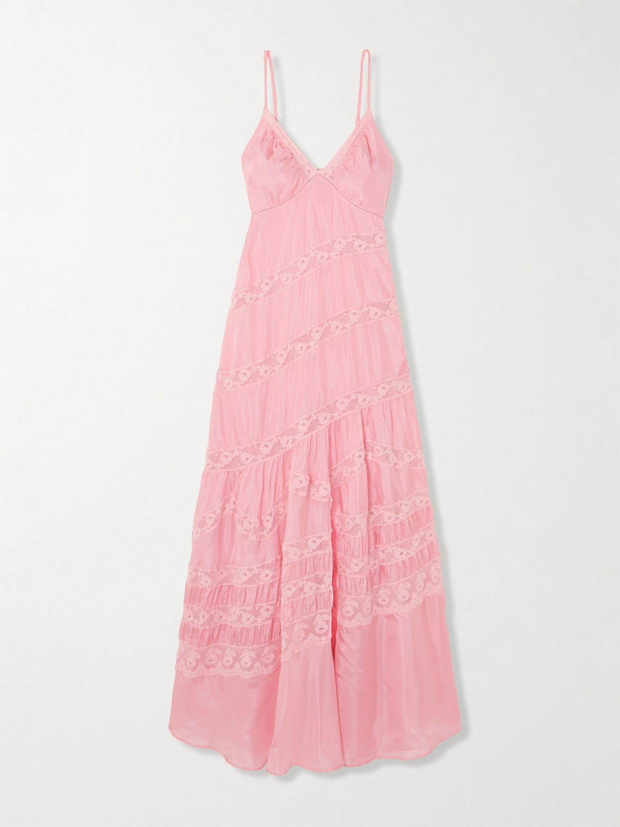 LOVESHACKFANCY - Idalia Lace-trimmed Tiered Silk-satin Maxi Dress - Pink