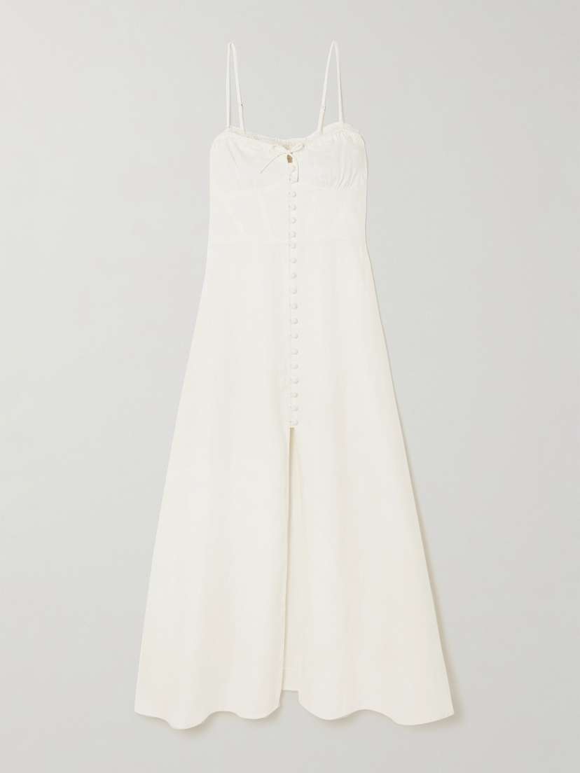 LoveShackFancy Linella Bow-embellished Lace-trimmed Linen Midi Dress