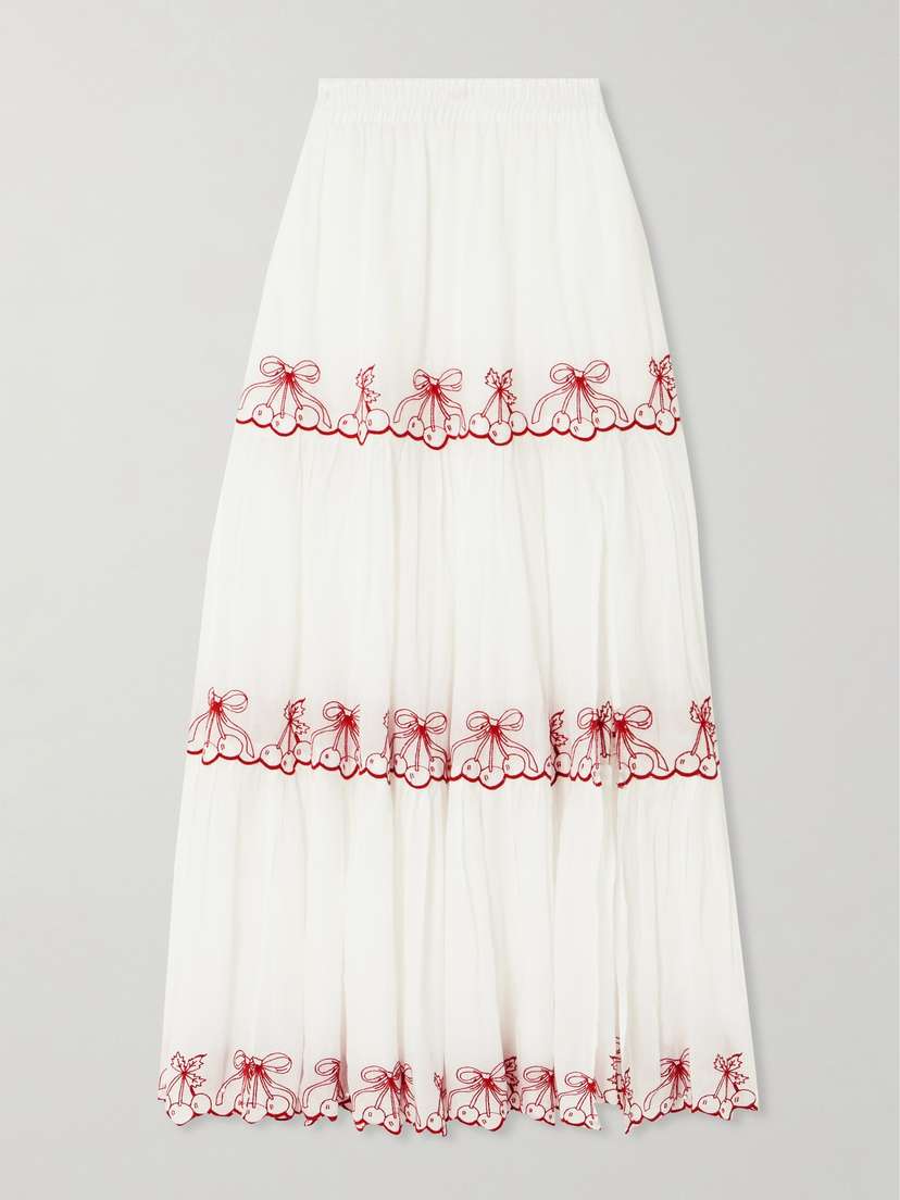 LoveShackFancy Jemila Tiered Scalloped Embroidered Organic Cotton Maxi Skirt