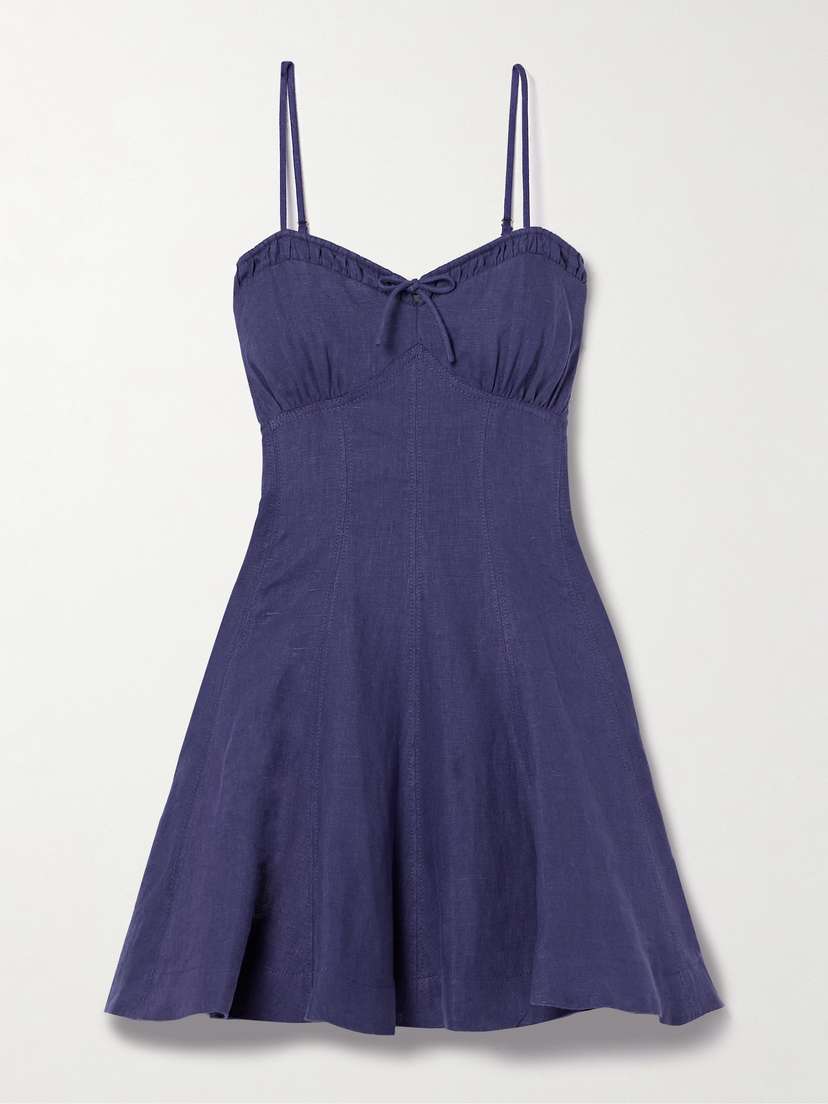 LoveShackFancy Shai Bow-embellished Shirred Linen Mini Dress