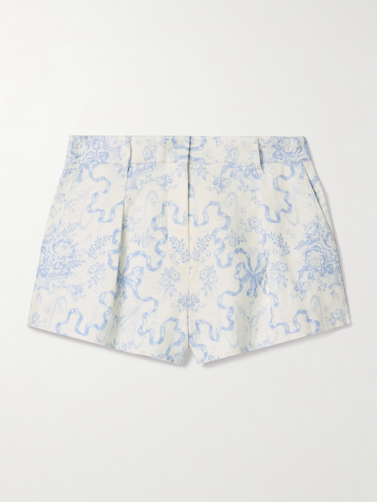 Loveshackfancy Lacette Pleated Printed Linen Shorts In Blue