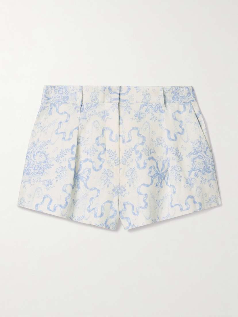LoveShackFancy Lacette Pleated Printed Linen Shorts