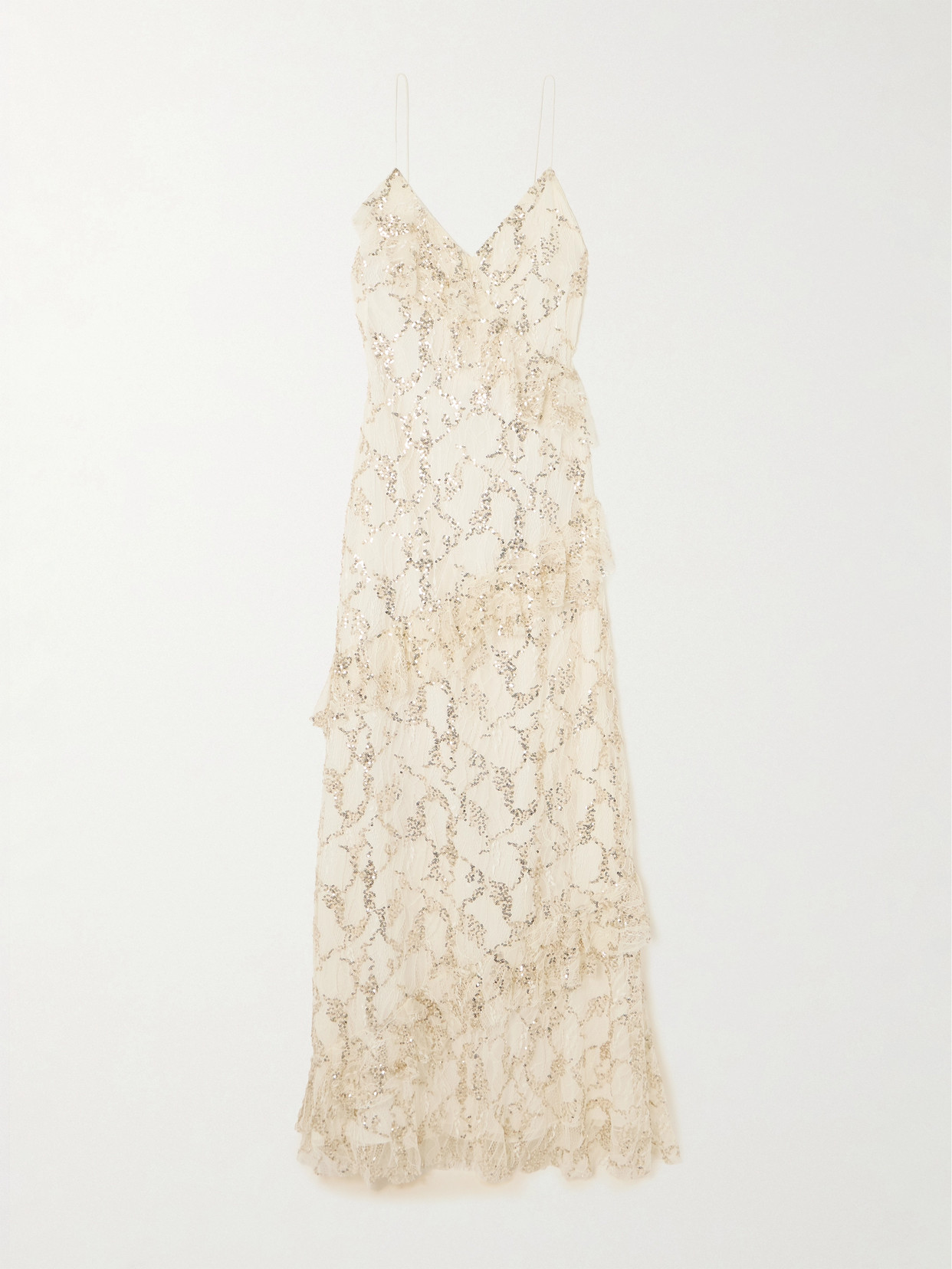 LOVESHACKFANCY KAREEN RUFFLED SEQUINED CHANTILLY LACE MAXI DRESS