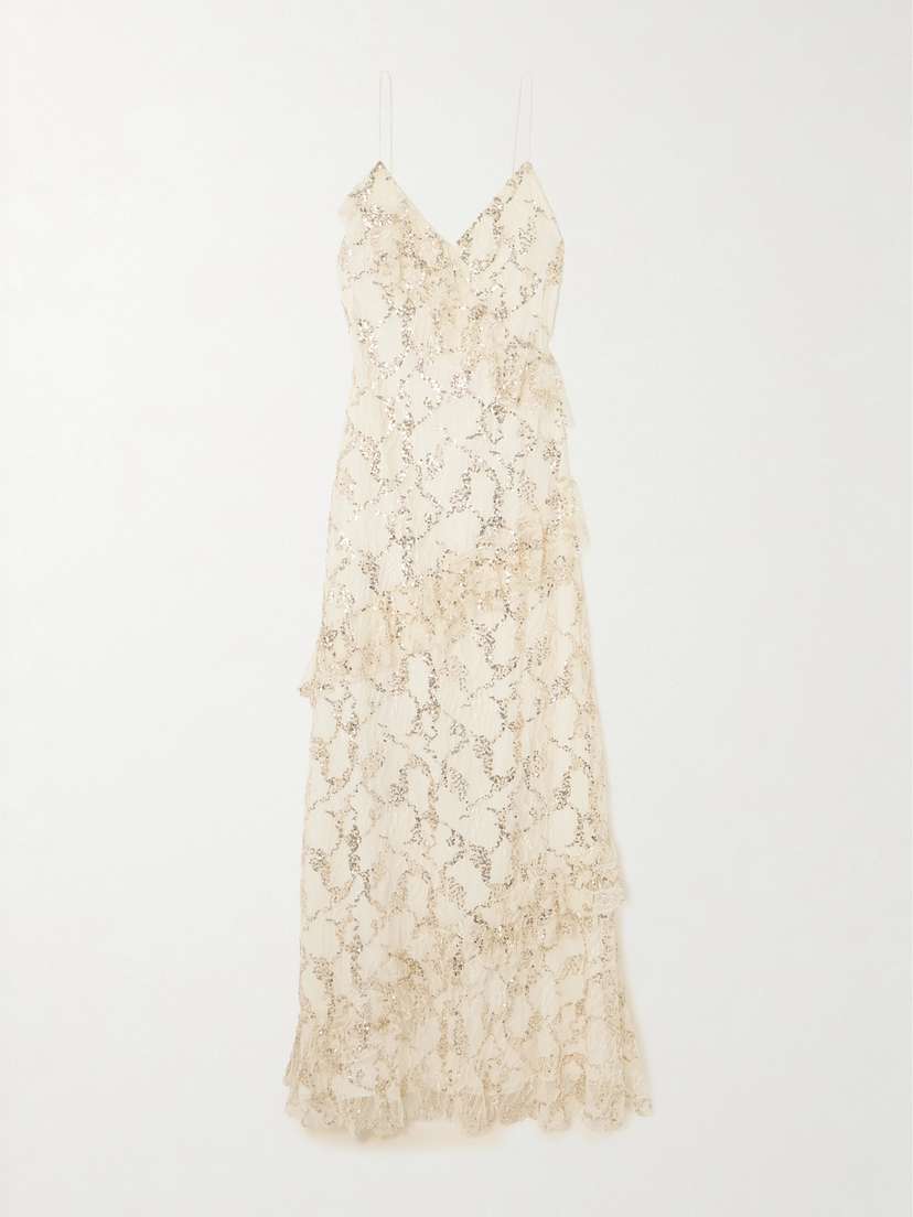 LoveShackFancy Kareen Ruffled Sequined Chantilly Lace Maxi Dress