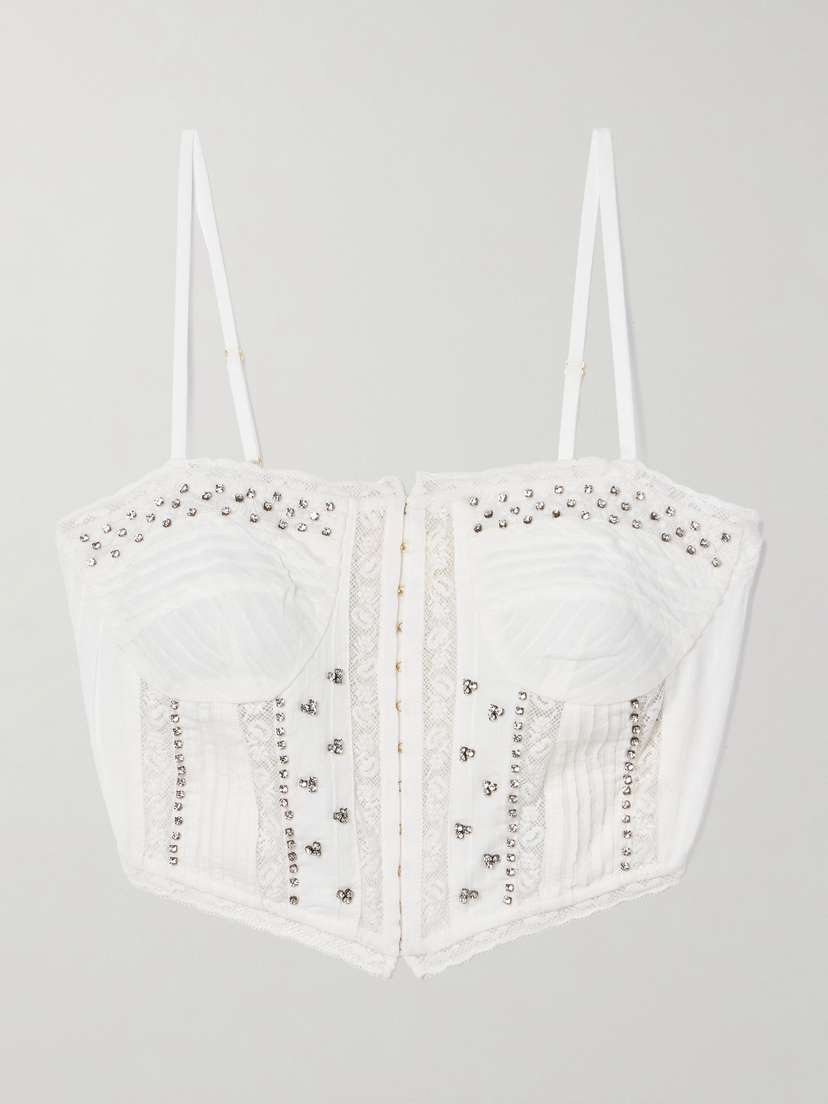 LoveShackFancy Rosabella Cropped Lace-trimmed Crystal-embellished Cotton-voile Top