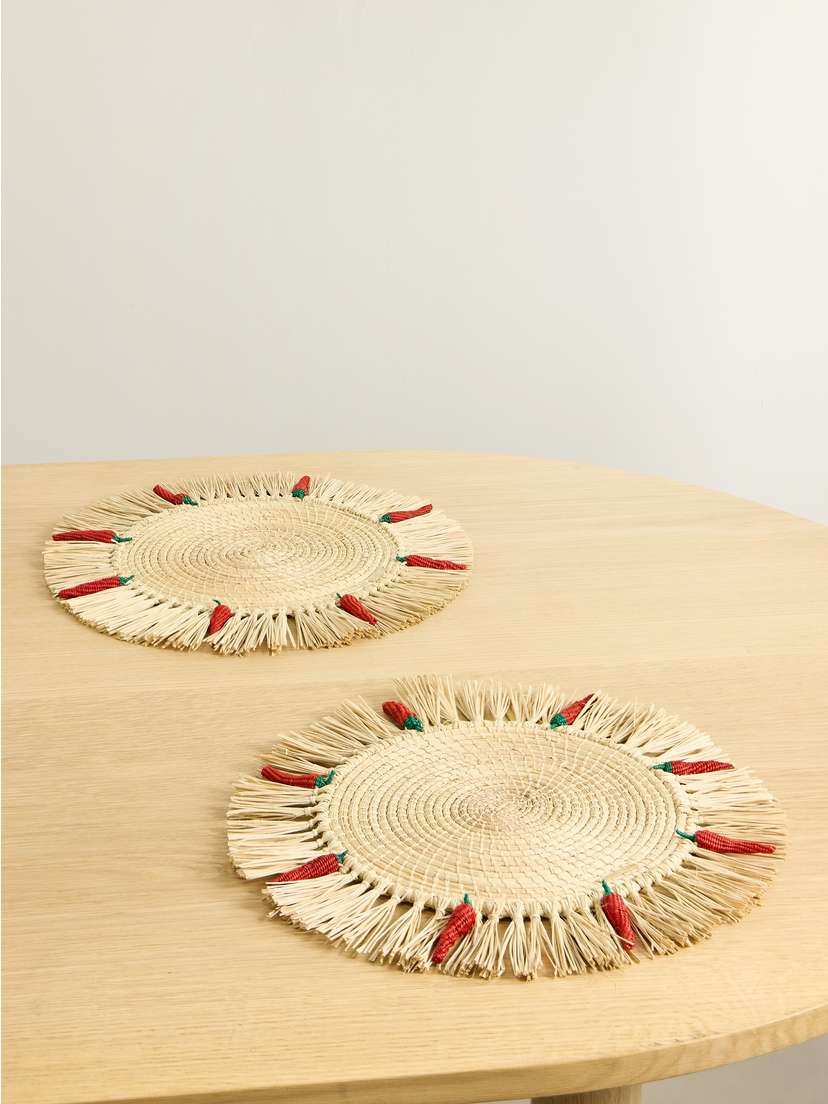 Aquazzura Casa Chilli Set Of Two Fringed Raffia Placemats